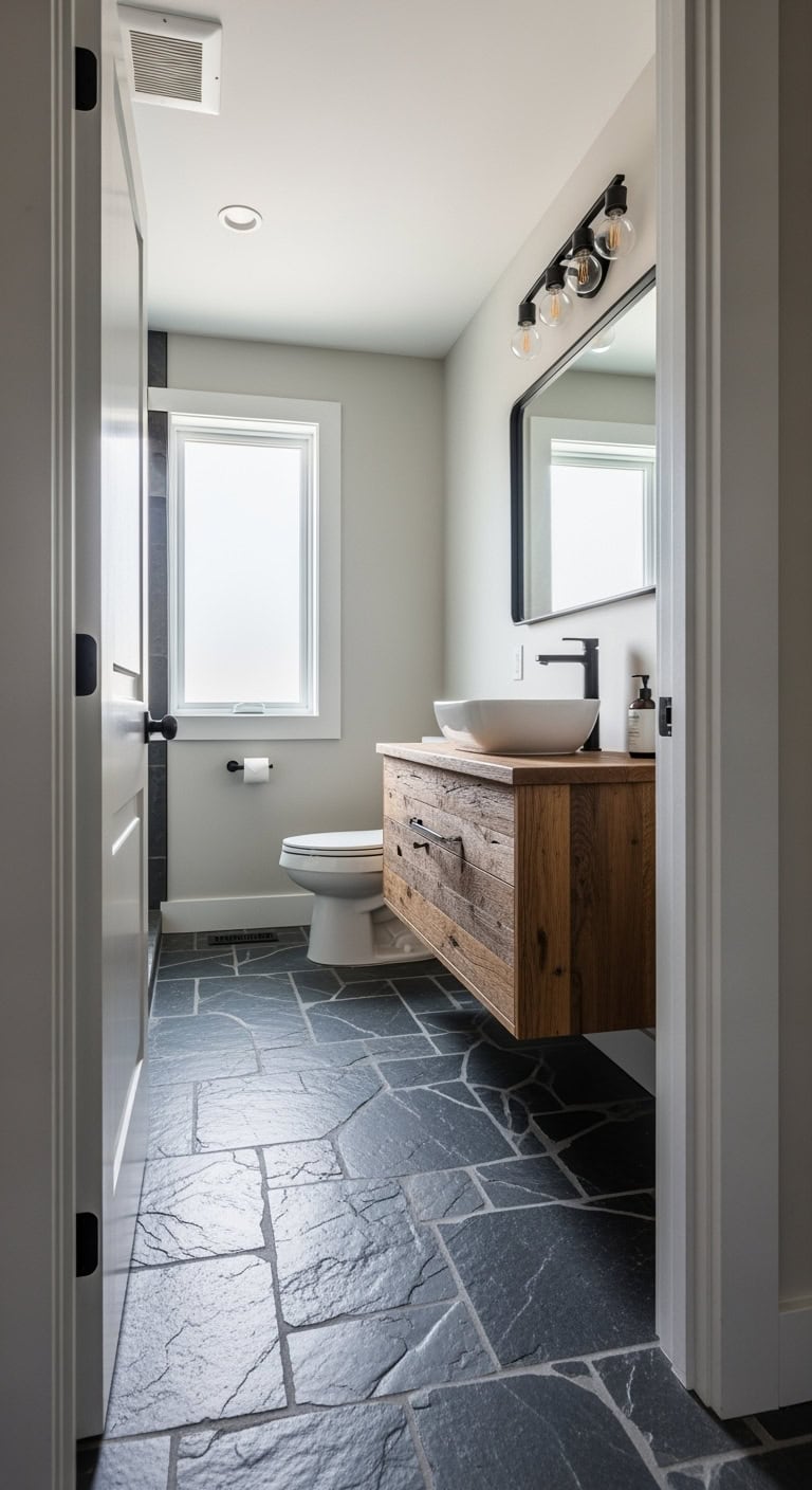textured slate with floating shelves