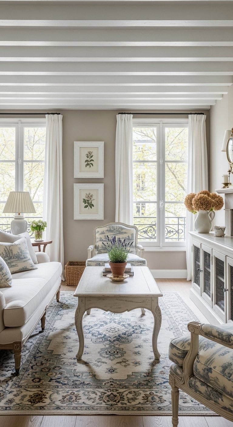 toile patterned distressed white furniture