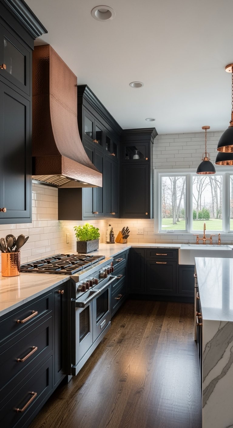 transitional black cabinets copper
