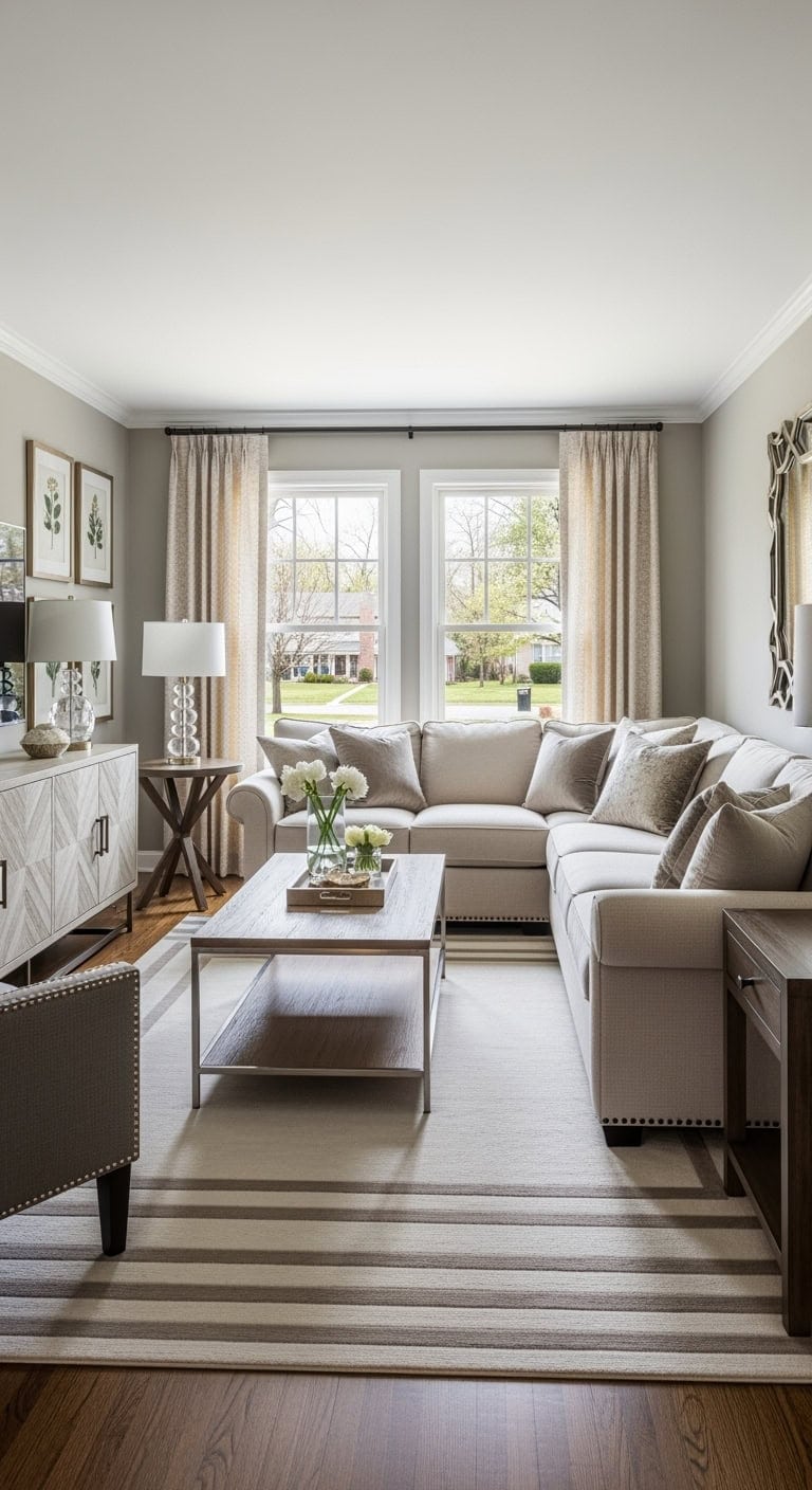 transitional neutral layered livingroom