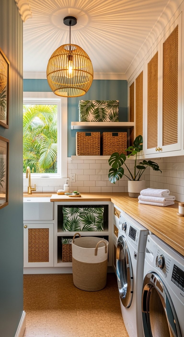 tropical palm rattan laundry