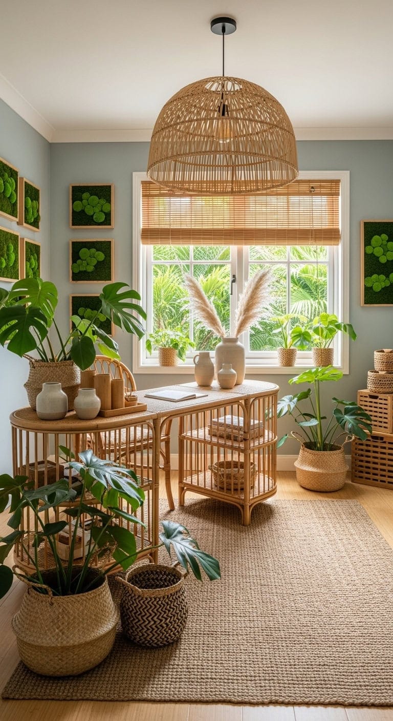 tropical rattan workspace with monstera