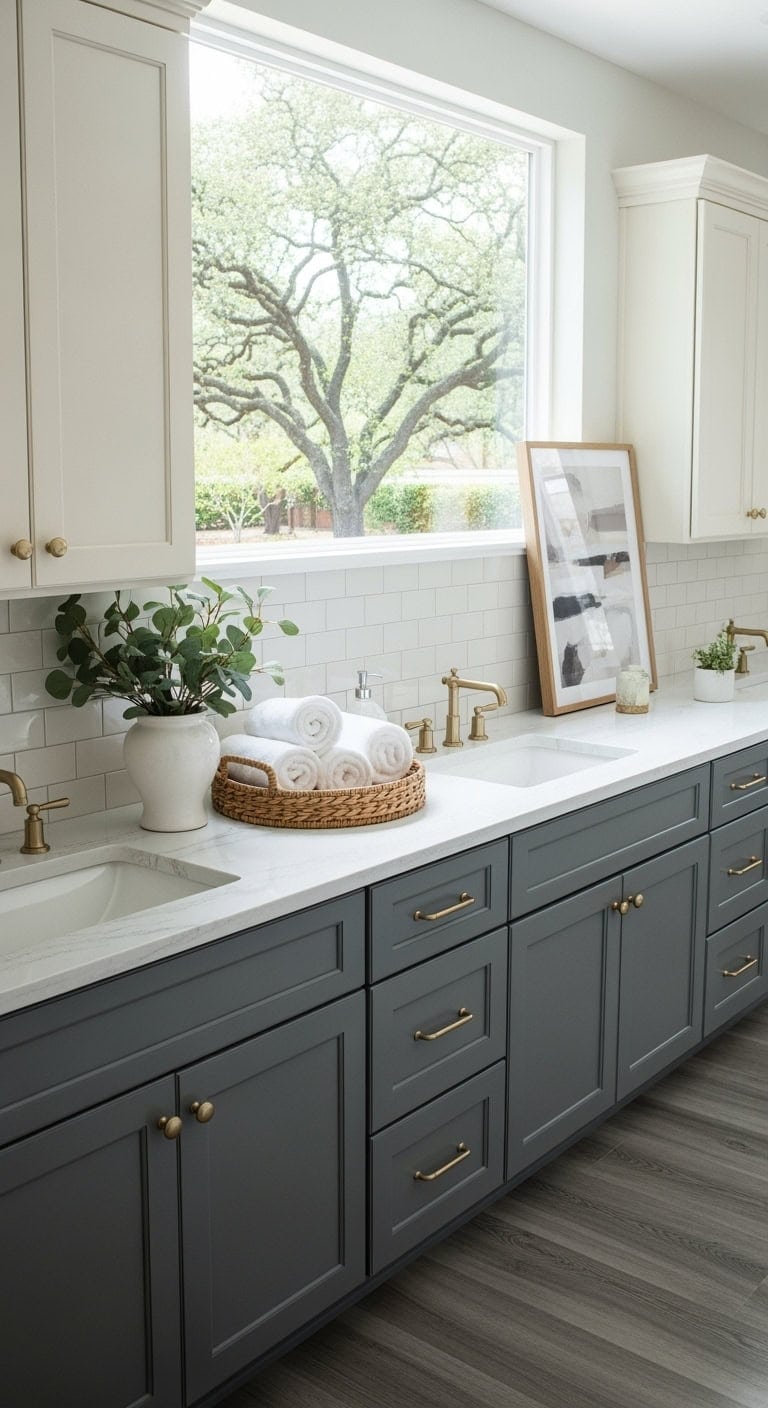 two toned ivory gray cabinetry