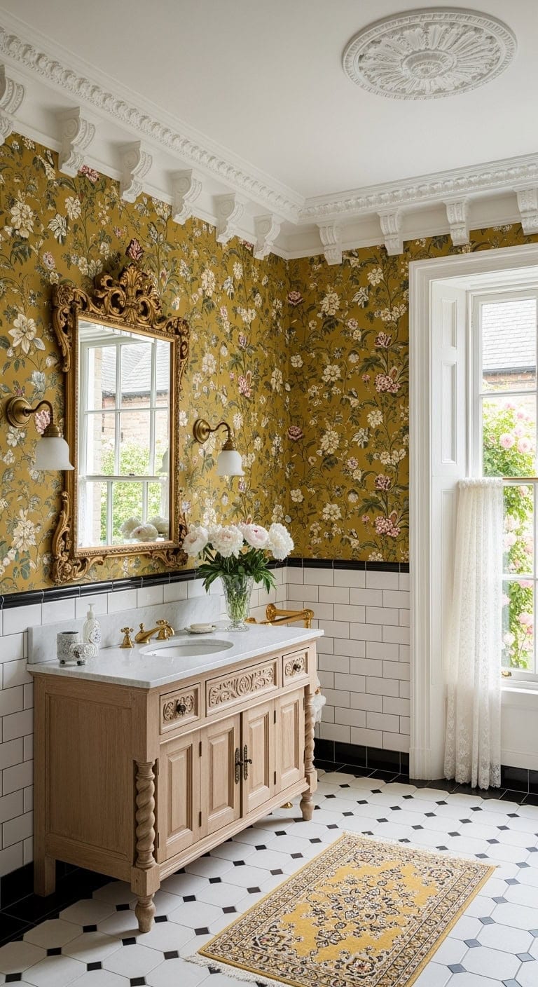 victorian mustard floral bathroom