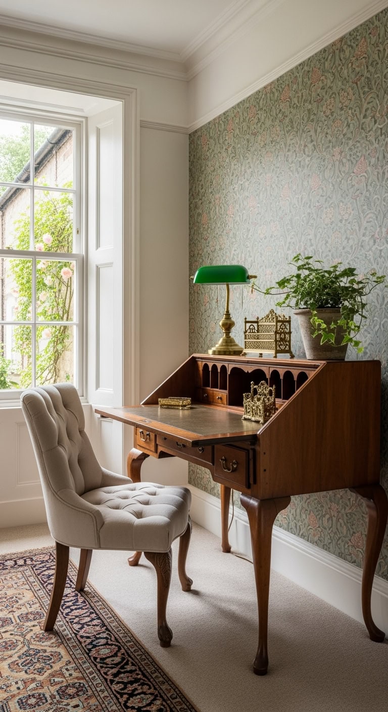 vintage floral brass desk vignette