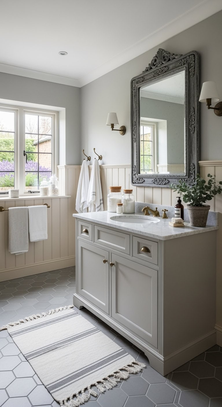 vintage grey mirrors beige wainscoting