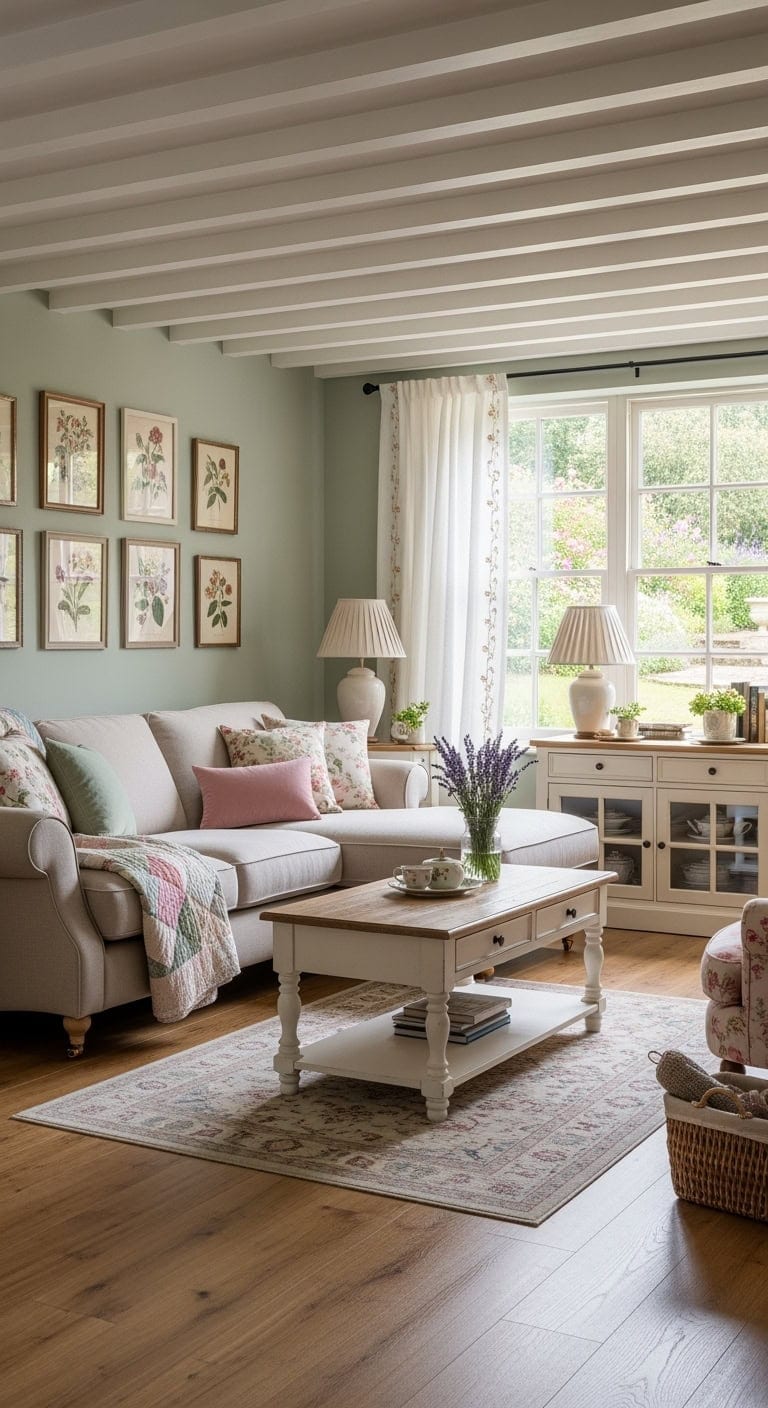 vintage inspired beige cottagecore livingroom