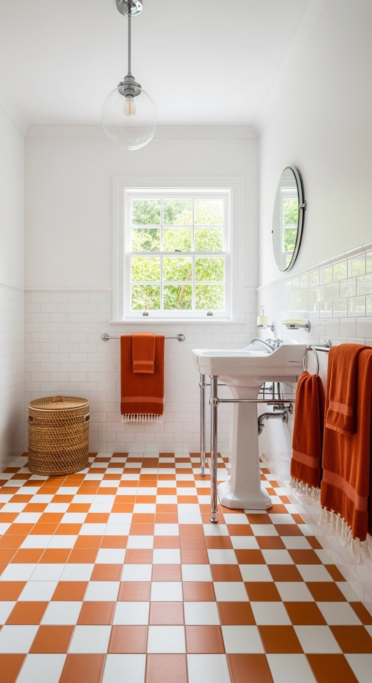 vintage orange and white checkerboard floor