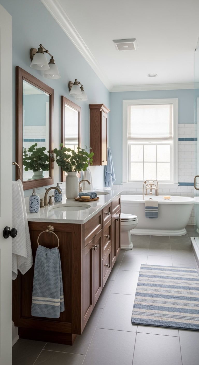 walnut cabinetry with soft sky