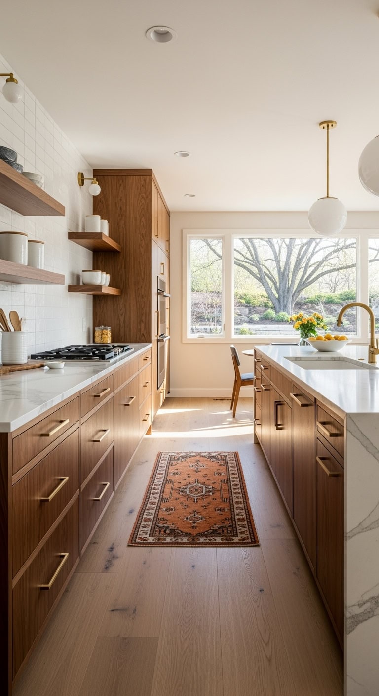 walnut cabinets with brass