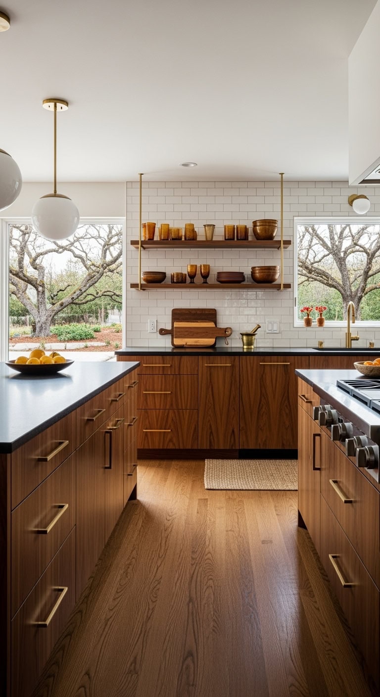 walnut veneer cabinets with brass
