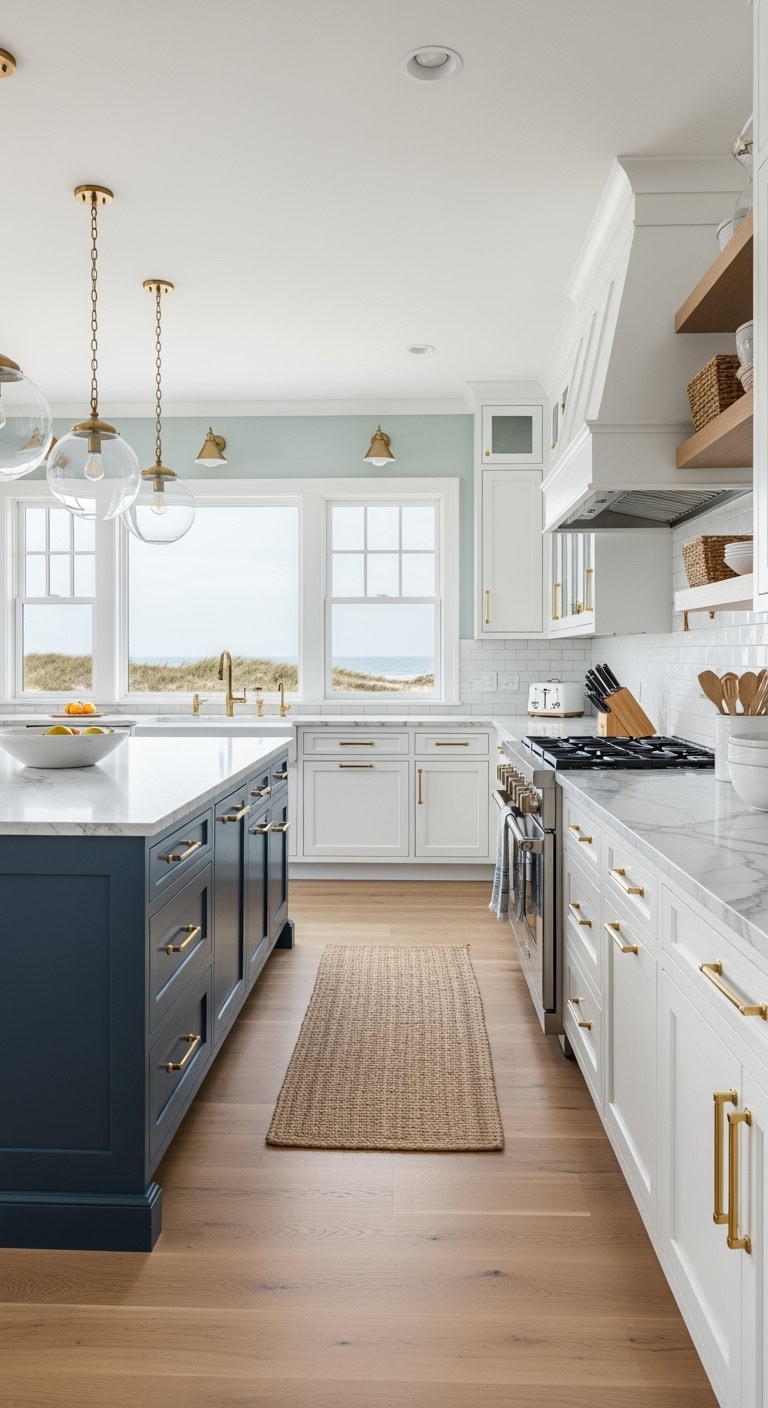 warm brass accents white cabinetry
