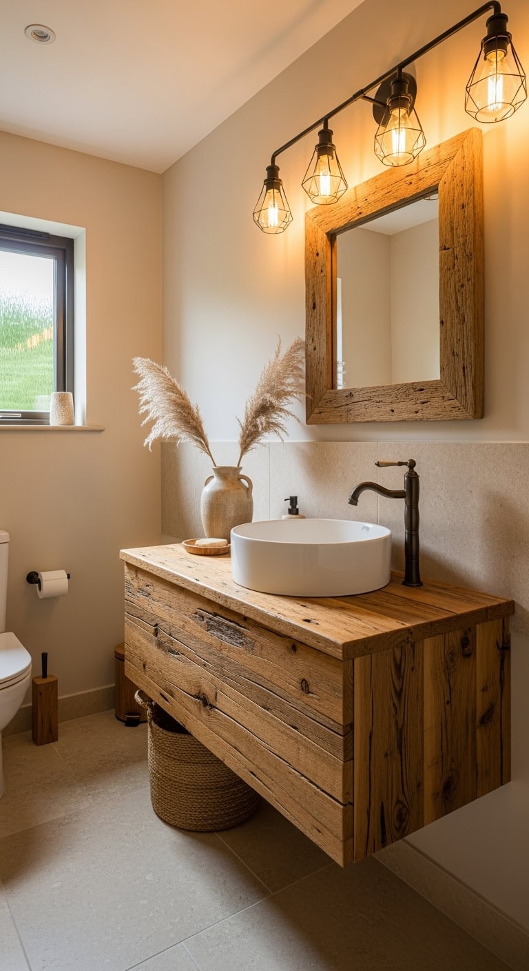 warm wood vanity limestone floors