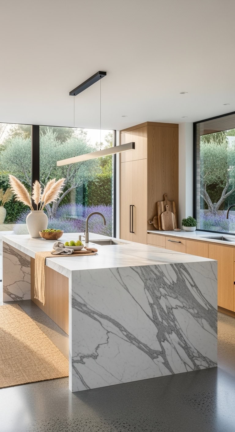 waterfall edge stone kitchen island