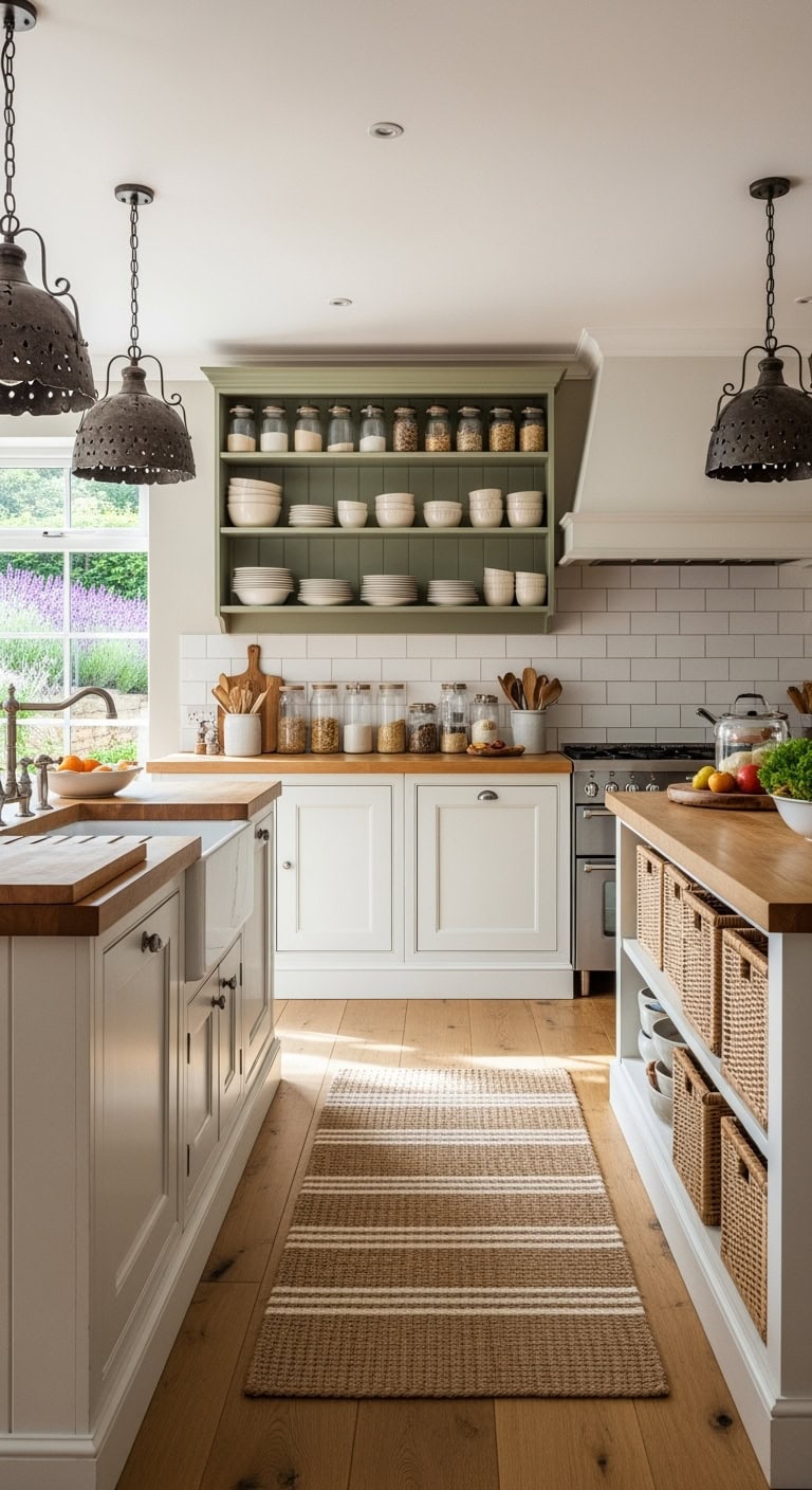 white cabinets sage shelves