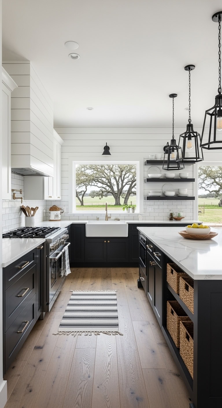 white shiplap black cabinets