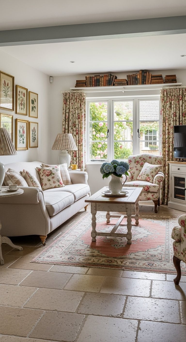 worn beige floral cottage