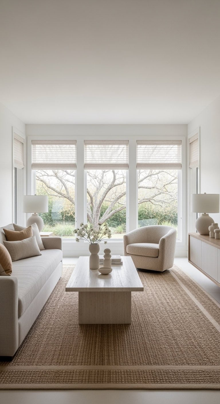 zen inspired neutral minimalist livingroom