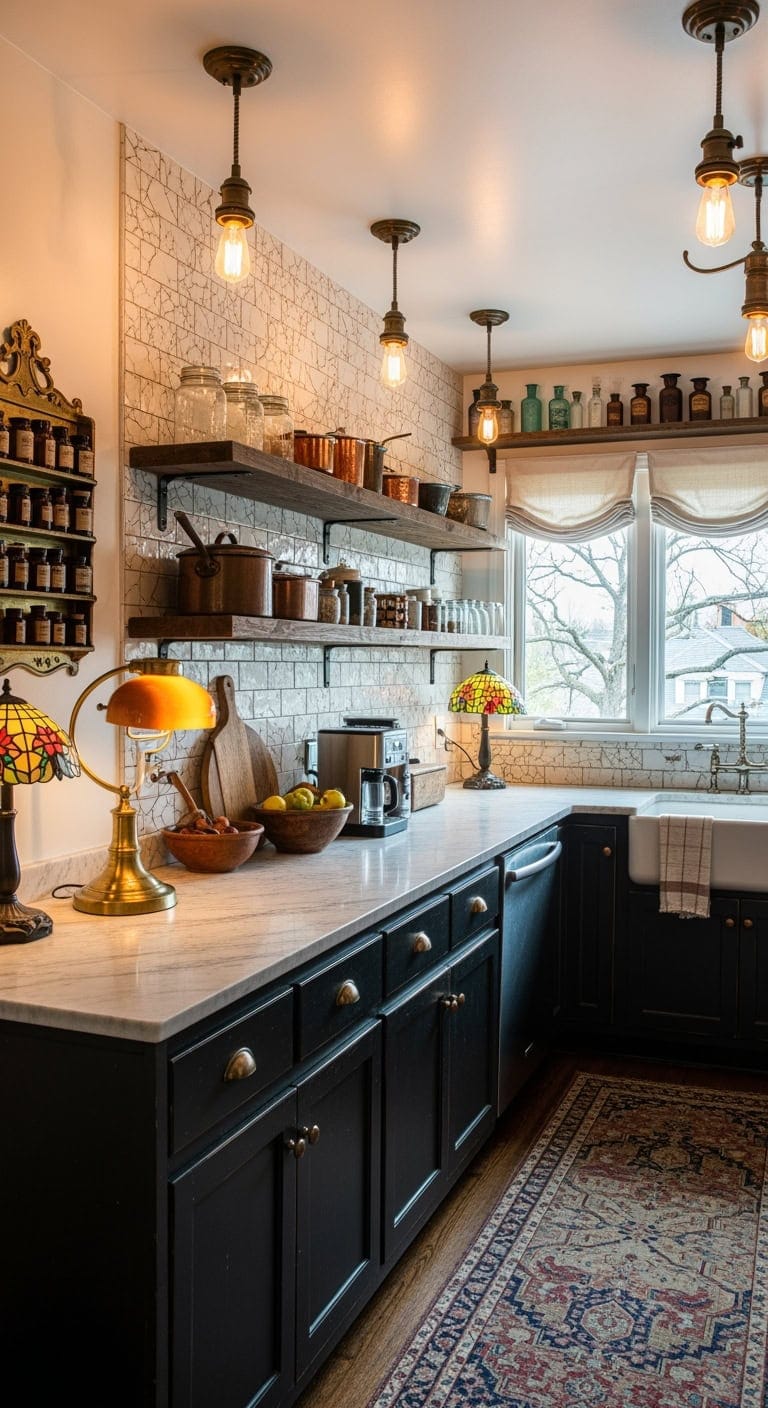 antique inspired warm kitchen lighting