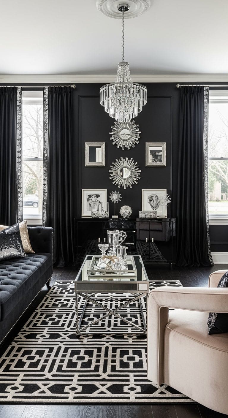 art deco black satin curtains