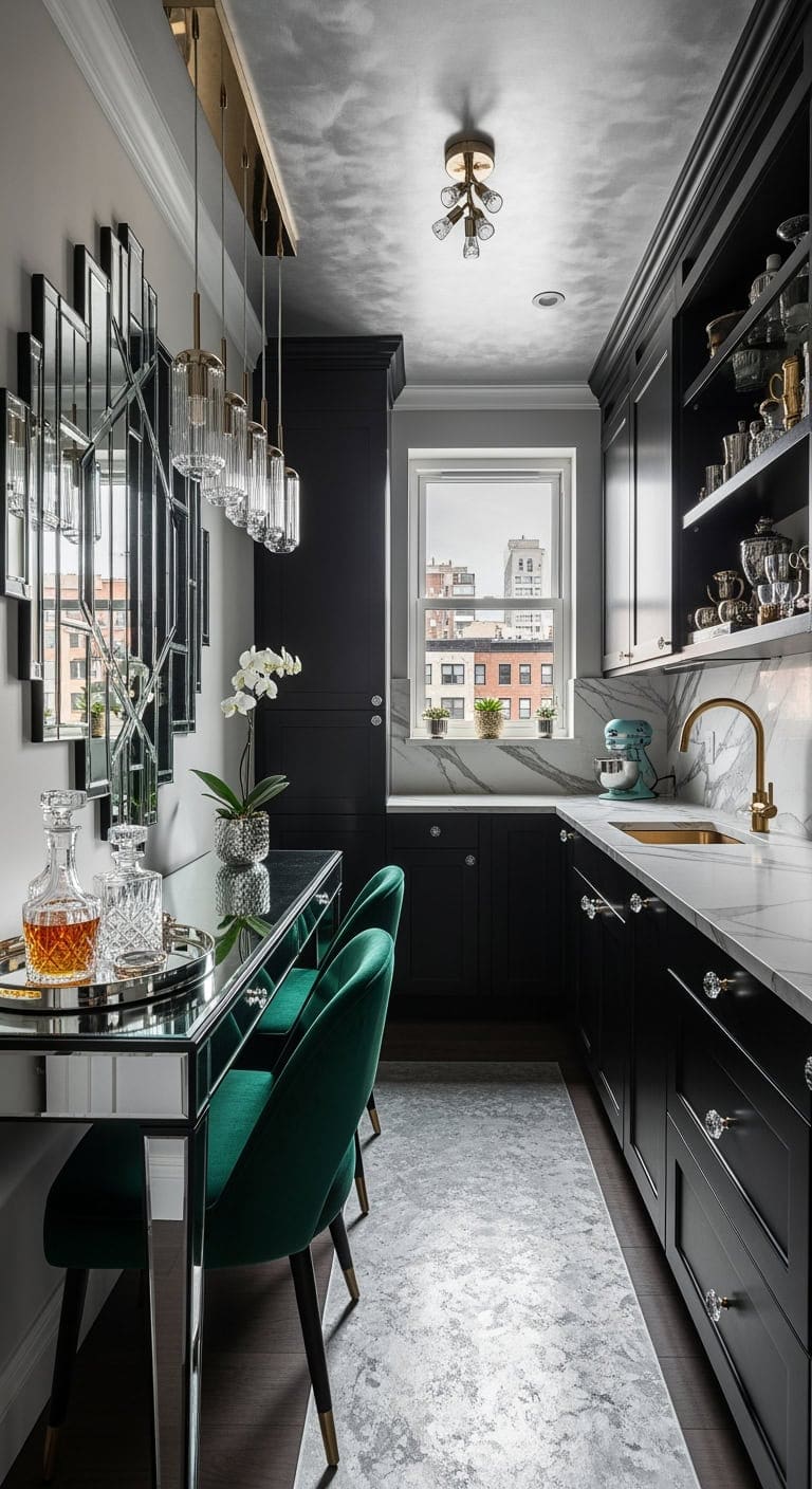 art deco mirrored glam kitchen