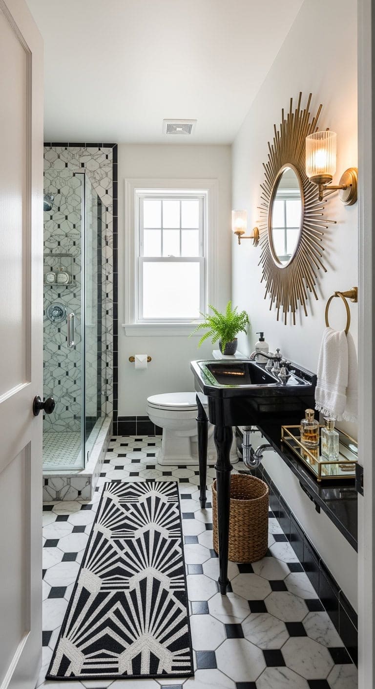 art deco narrow bathroom drama