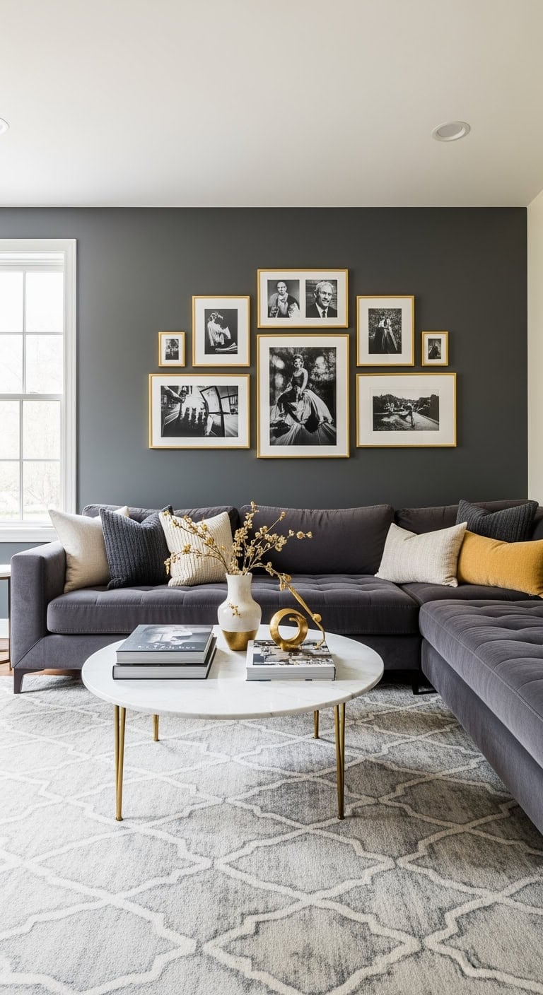 black and white gallery with gold
