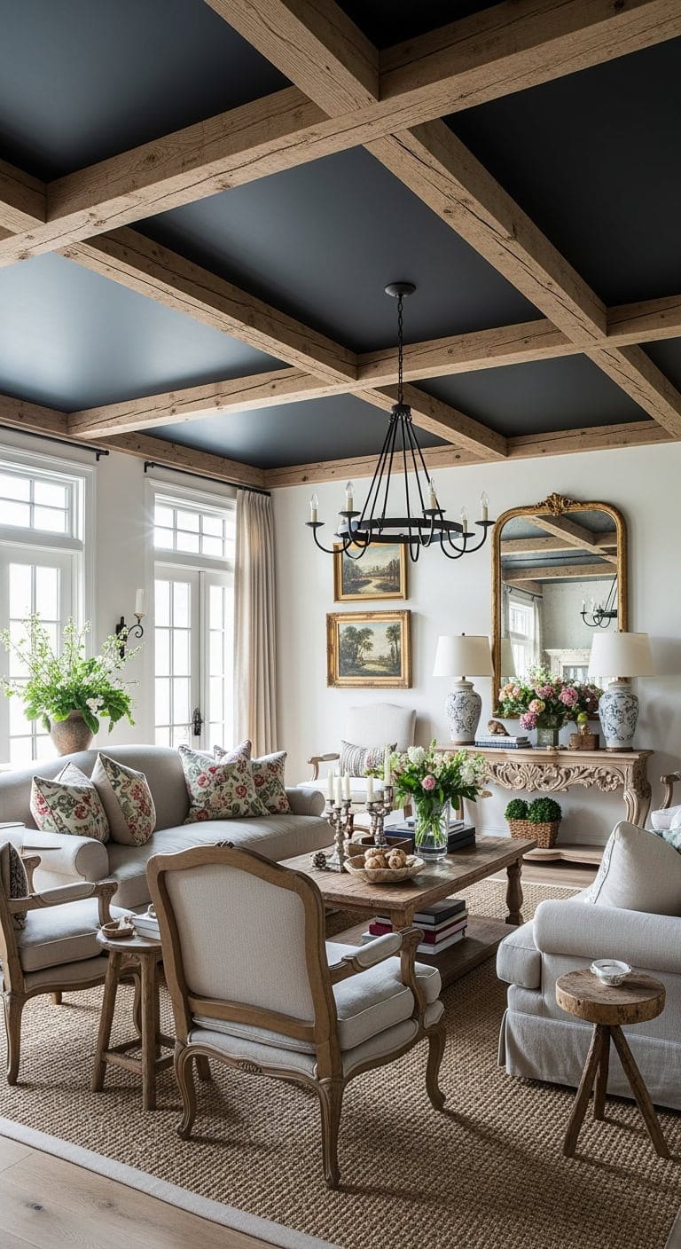 black beamed french farmhouse ceiling