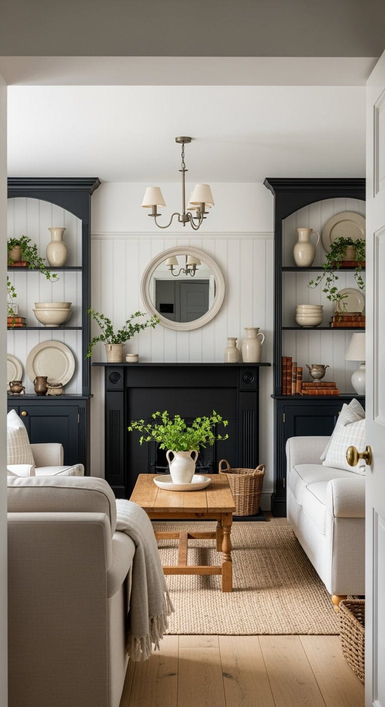 black built in beadboard shelving