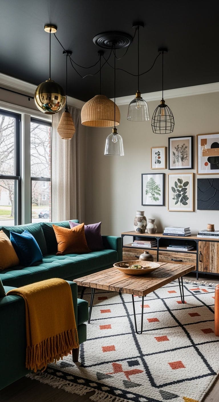 black ceiling eclectic pendant display