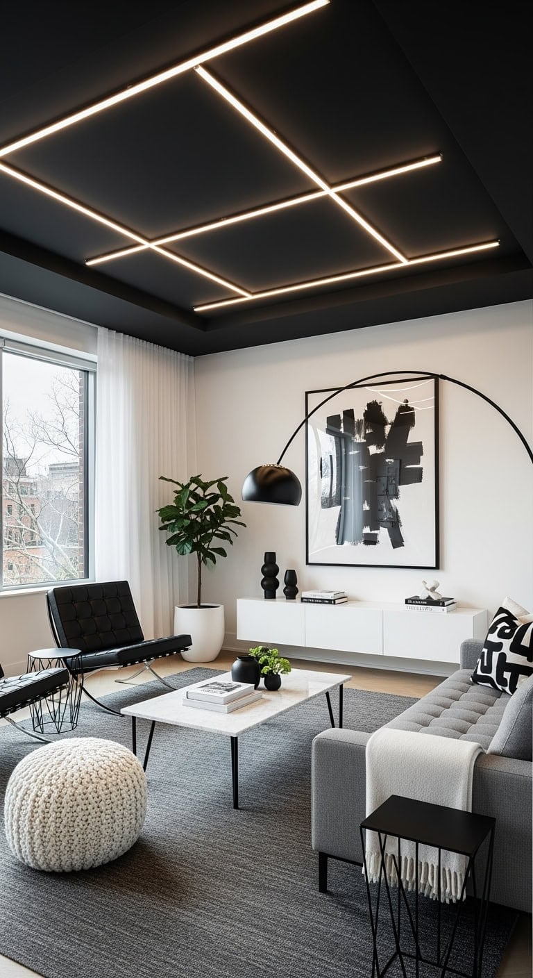 black ceiling with grid