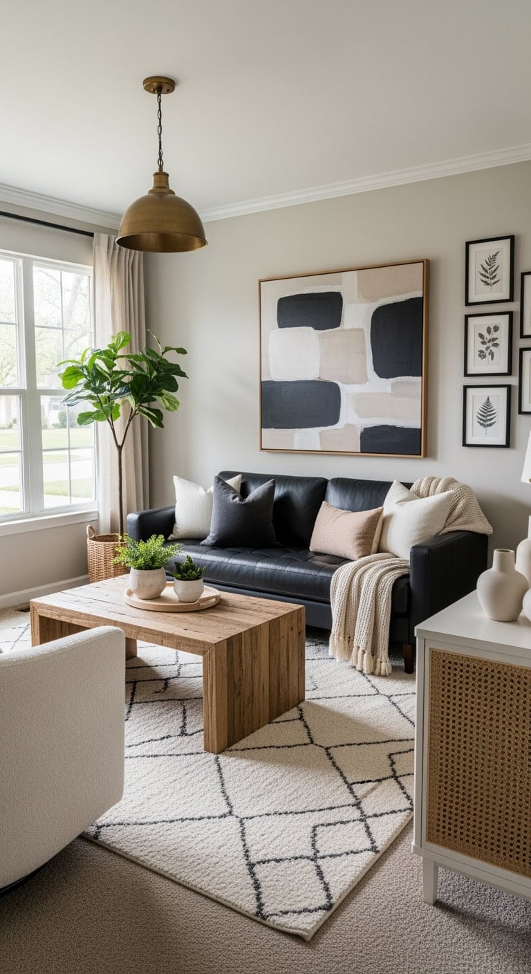 black couch layered neutrals