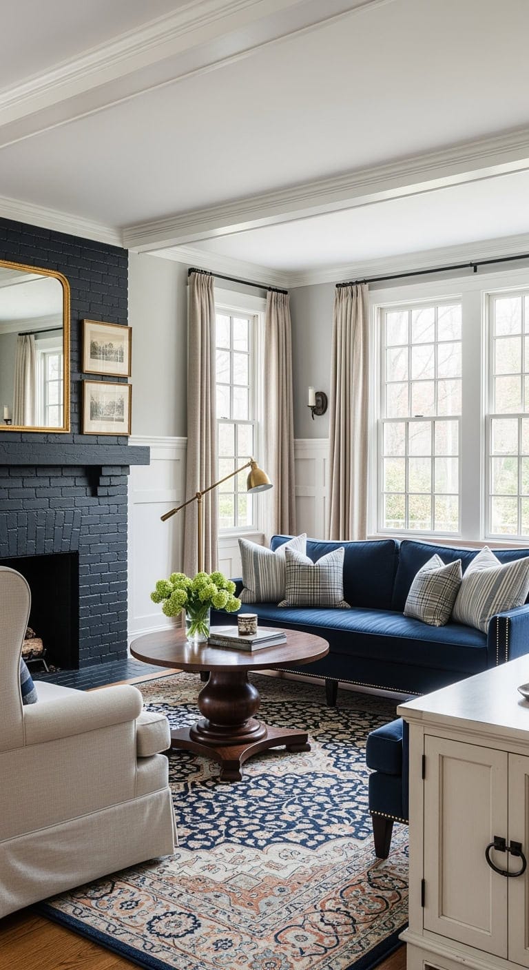 black painted brick fireplace