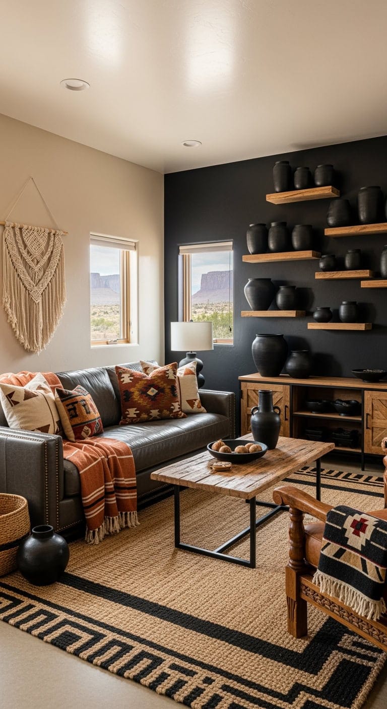 black pottery with woven textiles