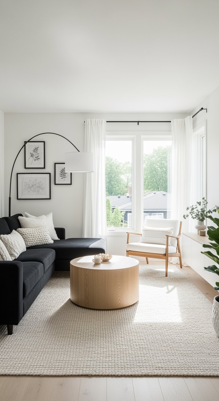 black sectional all white room
