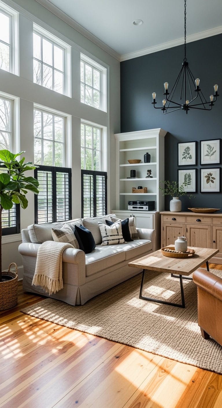 black shutters honey pine floors