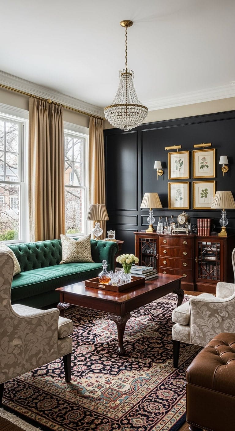 black wainscoting with chandelier