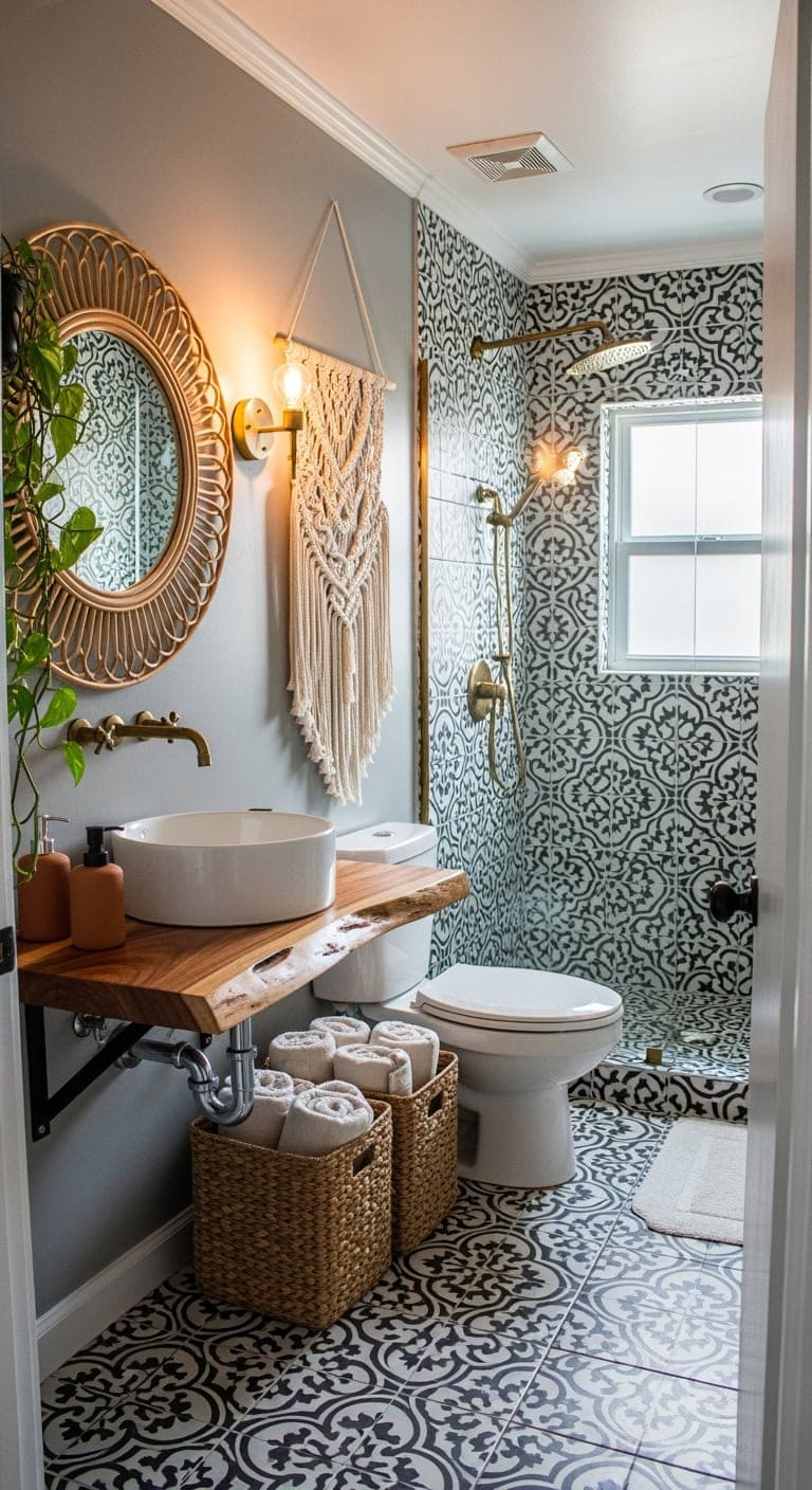 bohemian grey patterned bathroom