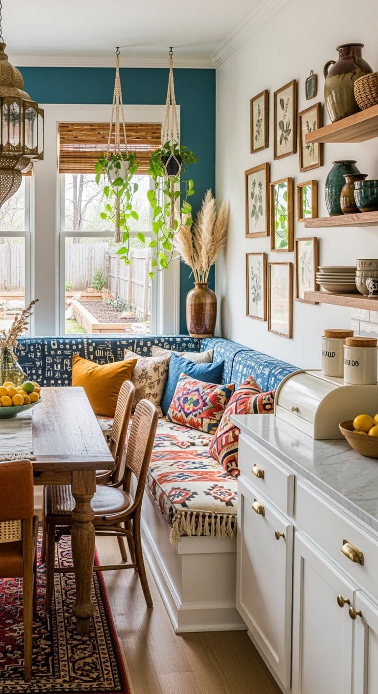 bohemian mix pattern banquette vignette