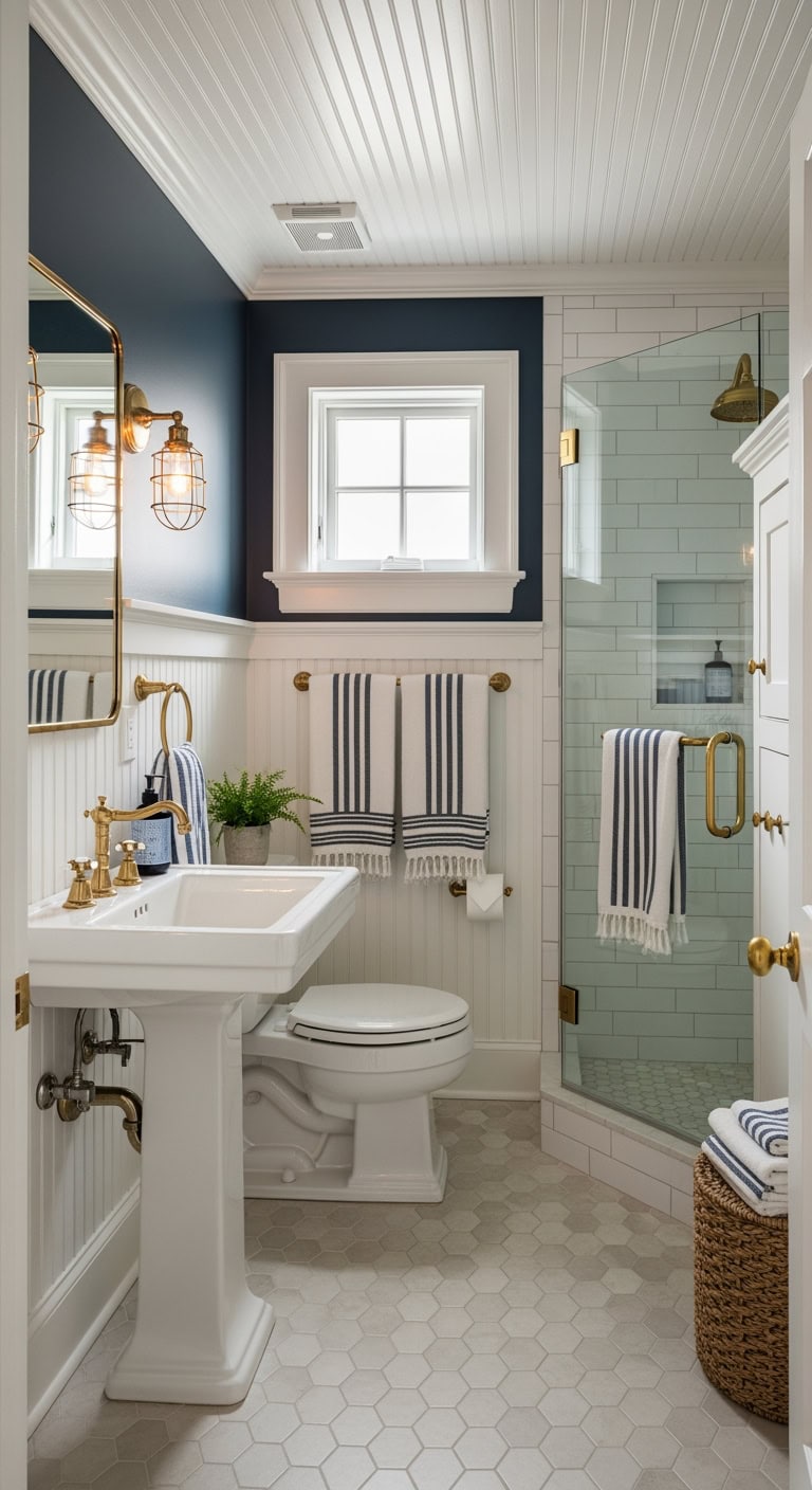 brass accented colonial wainscoting bathroom
