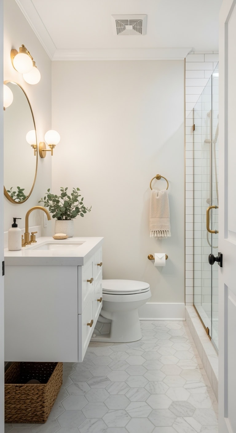 brass accented scandinavian powder room