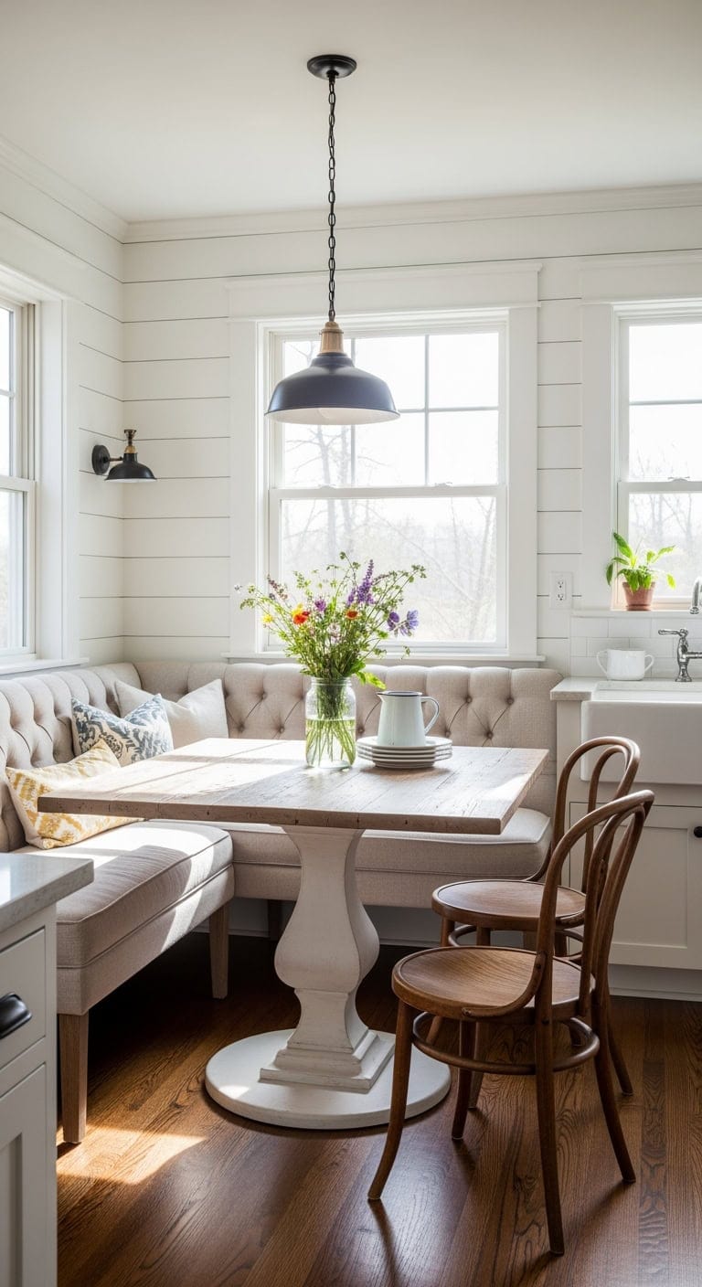 bright farmhouse shiplap breakfast nook
