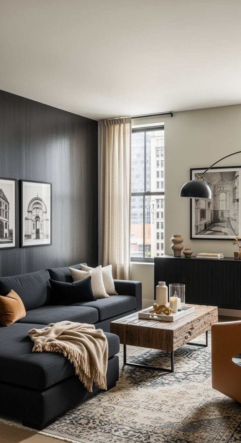 charcoal sectional with champagne throws