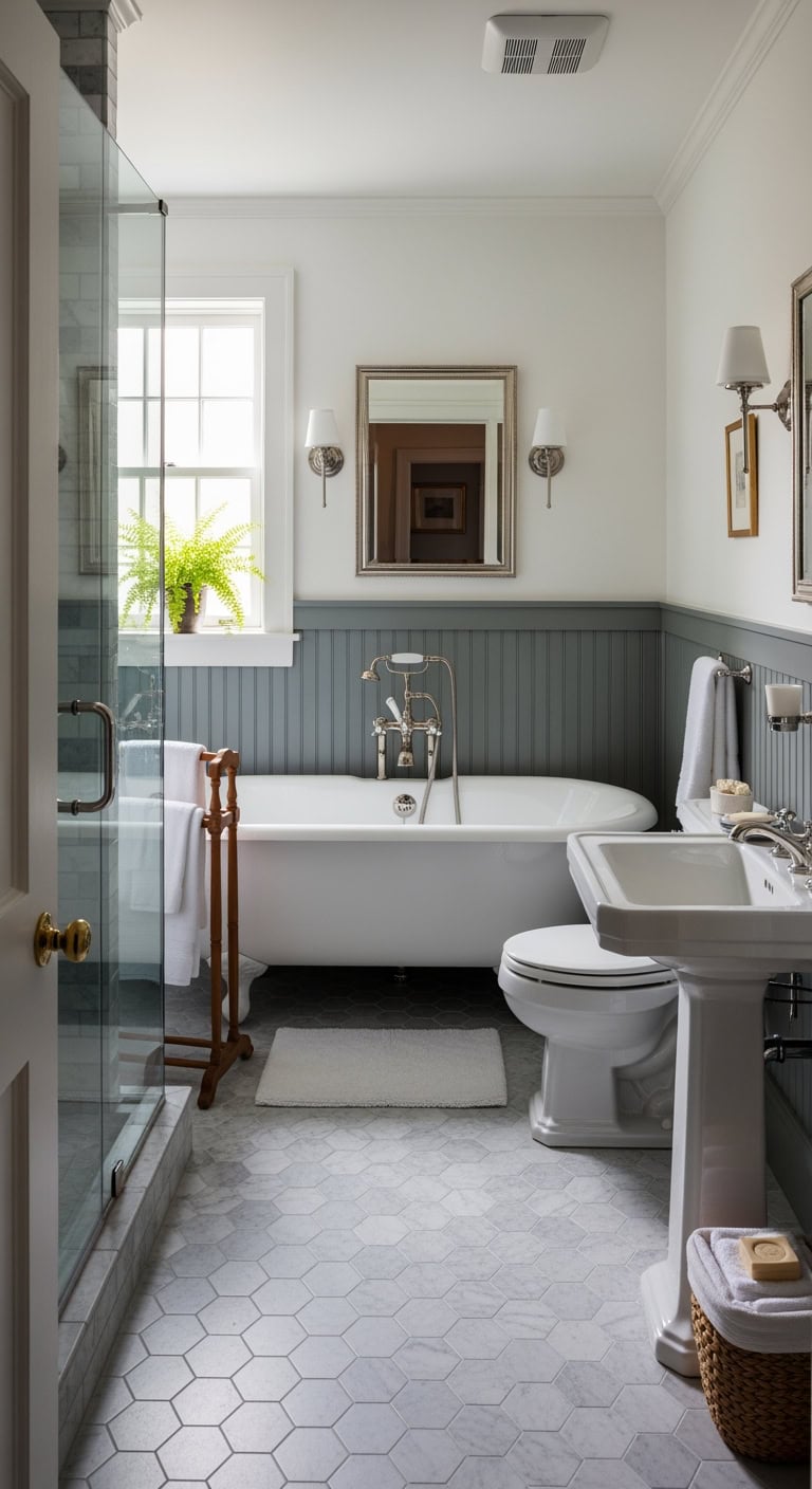 clawfoot tub with slate wainscoting
