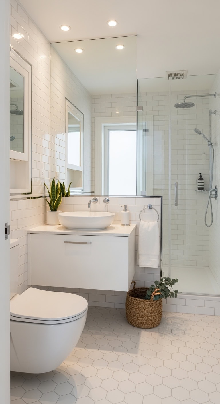 clean white tiles expand space