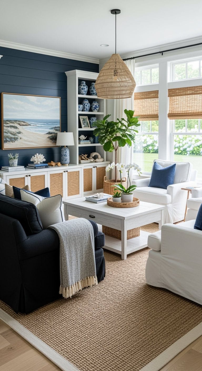 coastal chic black and white living