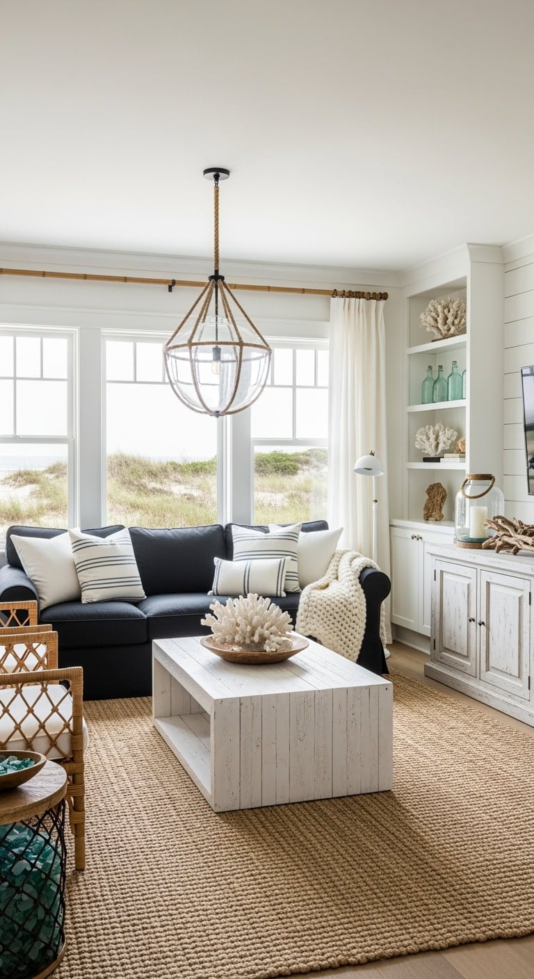 coastal inspired black linen livingroom