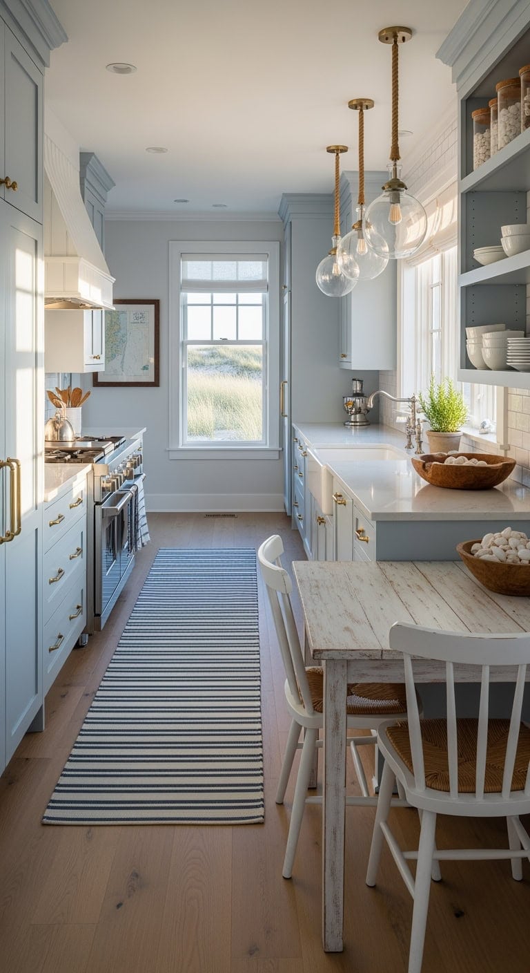 coastal light blue galley kitchen