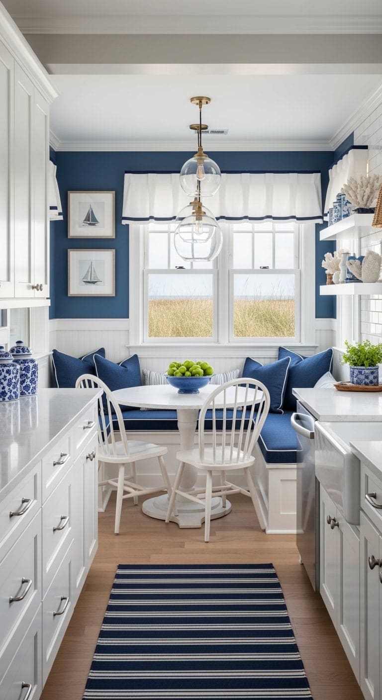 coastal white banquette with navy