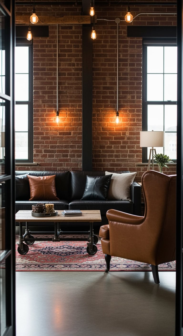 cognac leather exposed brick
